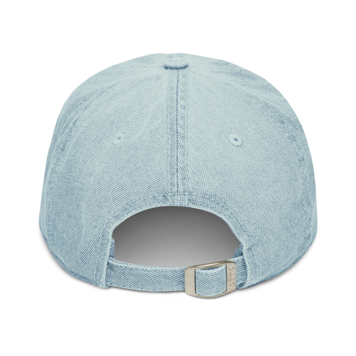 Back of light blue denim hat with clasp
