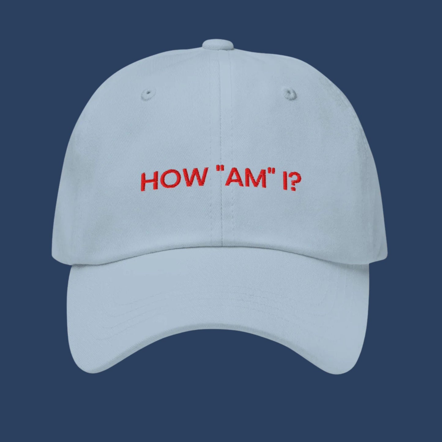 How "Am" I? | Embroidered Light Blue Dad Hat